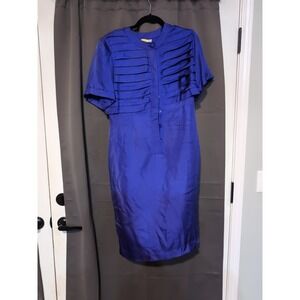 Pat Argenti Vintage Blue Silk Dress, Petite Size 8, Vintage Pleated Office Dress